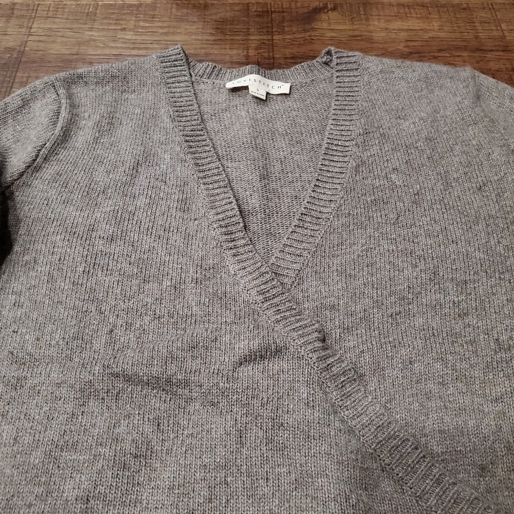 Lovestitch Faux Wrap Sweater Taupe Brown Cozy Warm Boho Preppy Neutral Winter S - Picture 7 of 7